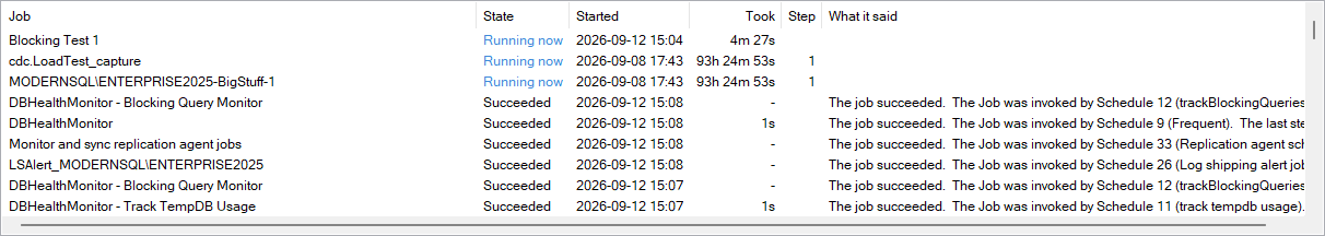 The grid: state, when it started, how long it took and what it said