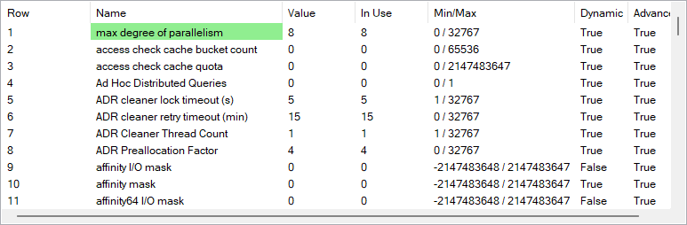 The Configuration Values grid