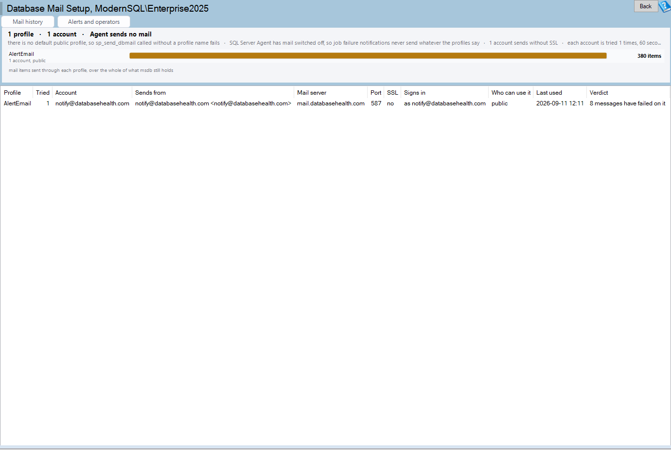 The Database Mail Setup page: the profiles, the accounts and what joins them