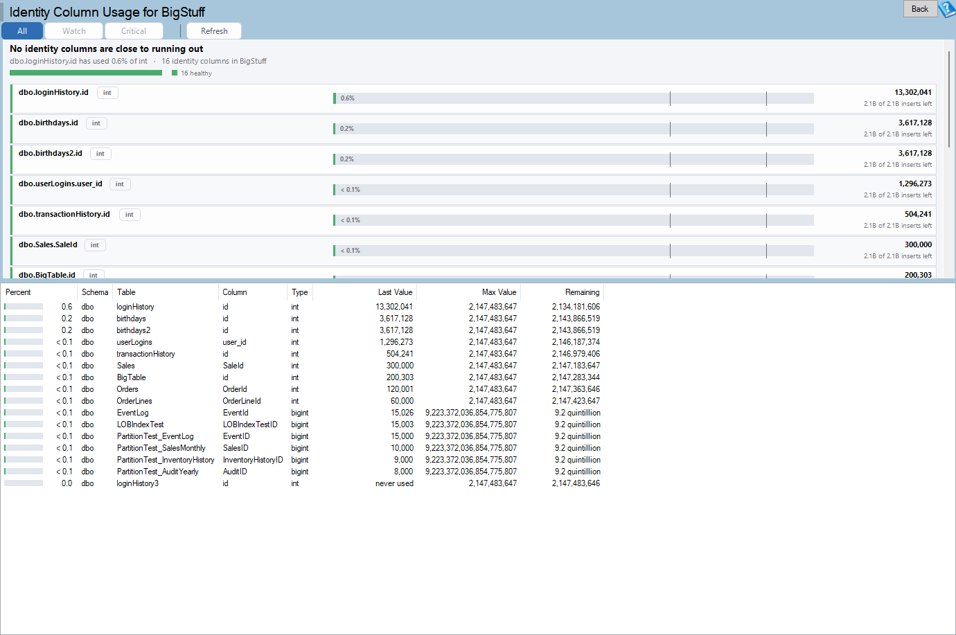 The Identity Column Usage report