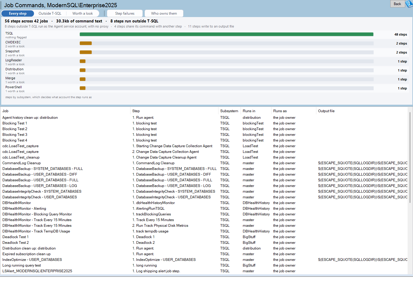The Job Commands page: every step command on the instance in one list