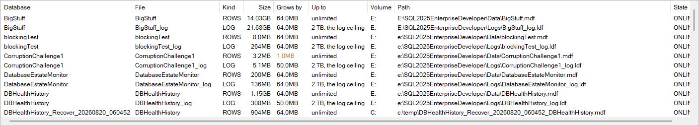 The master File Map grid with autogrowth in percent called out in color next to the growth increment and ceiling for each file