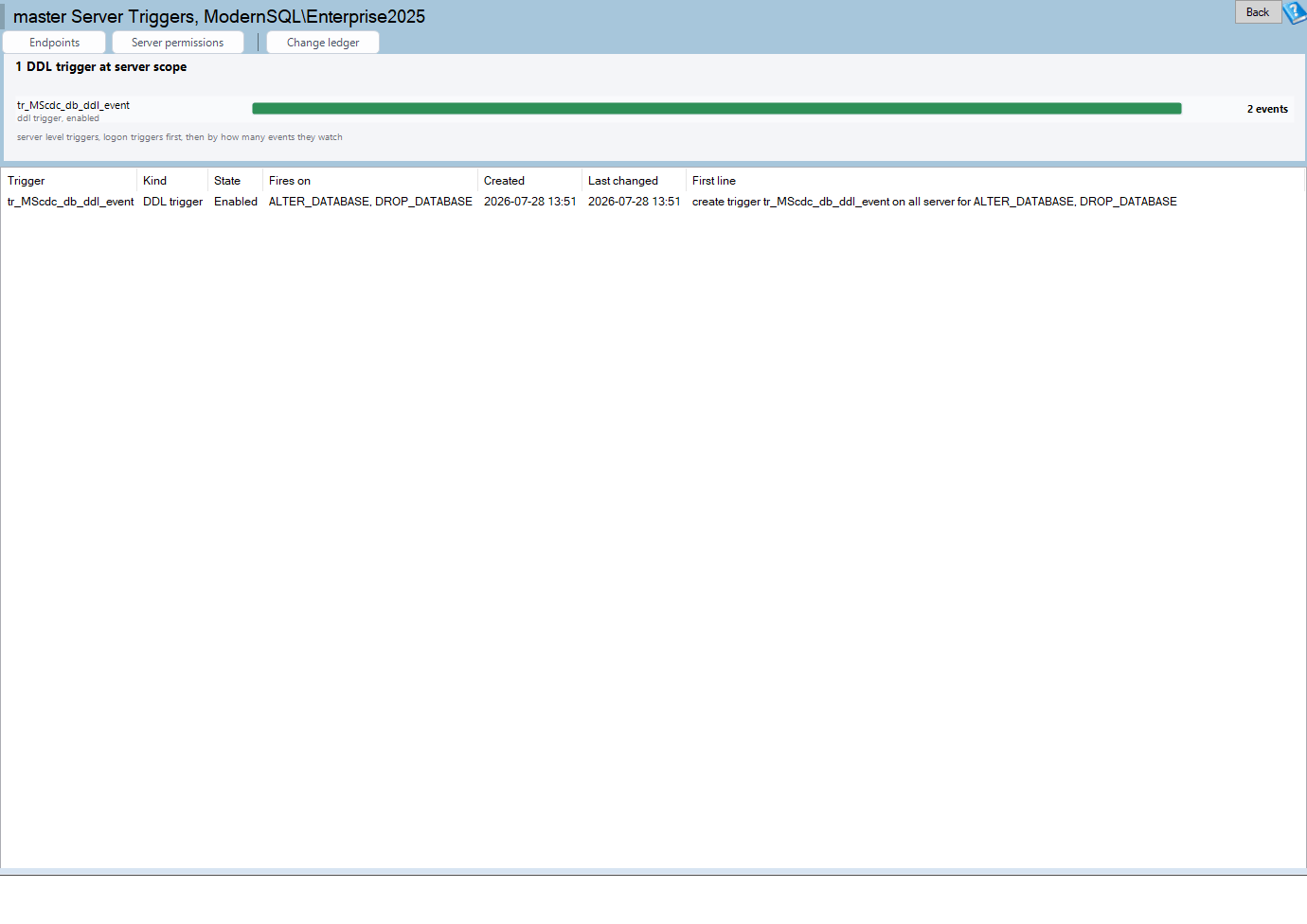 The master Server Triggers page: the code that runs on every login or every DDL statement