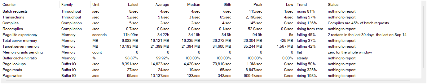 The Performance History grid: one row per counter