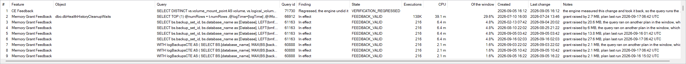 The Query Feedback grid