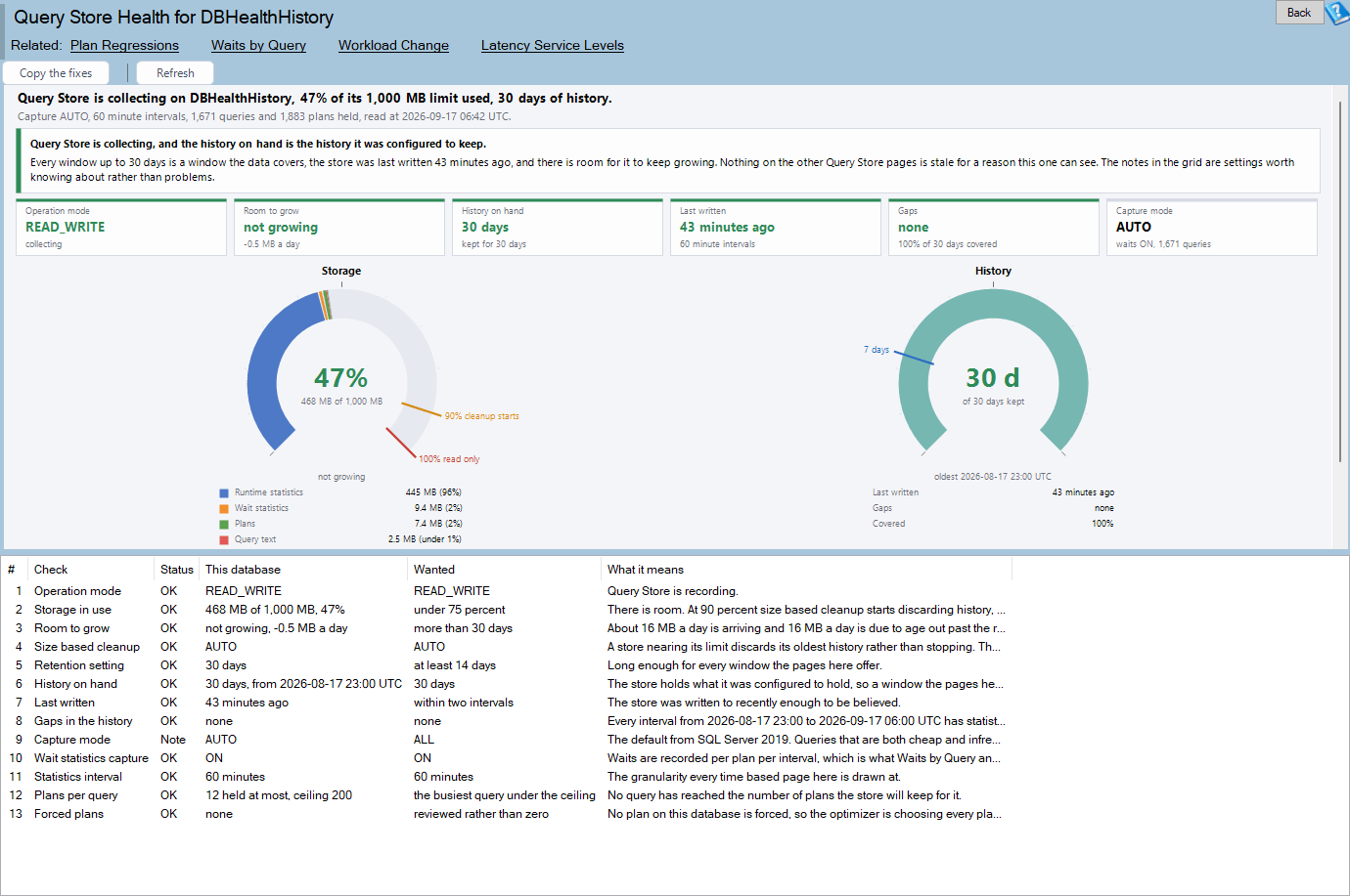 Query Store Health report showing whether Query Store is collecting and whether its claimed history is present