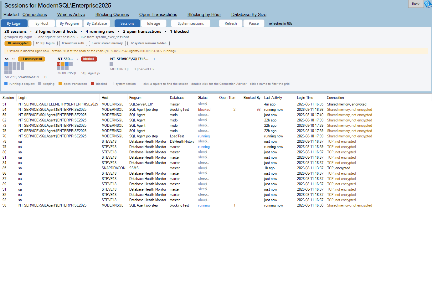 The Sessions report: toolbar, unit chart and grid