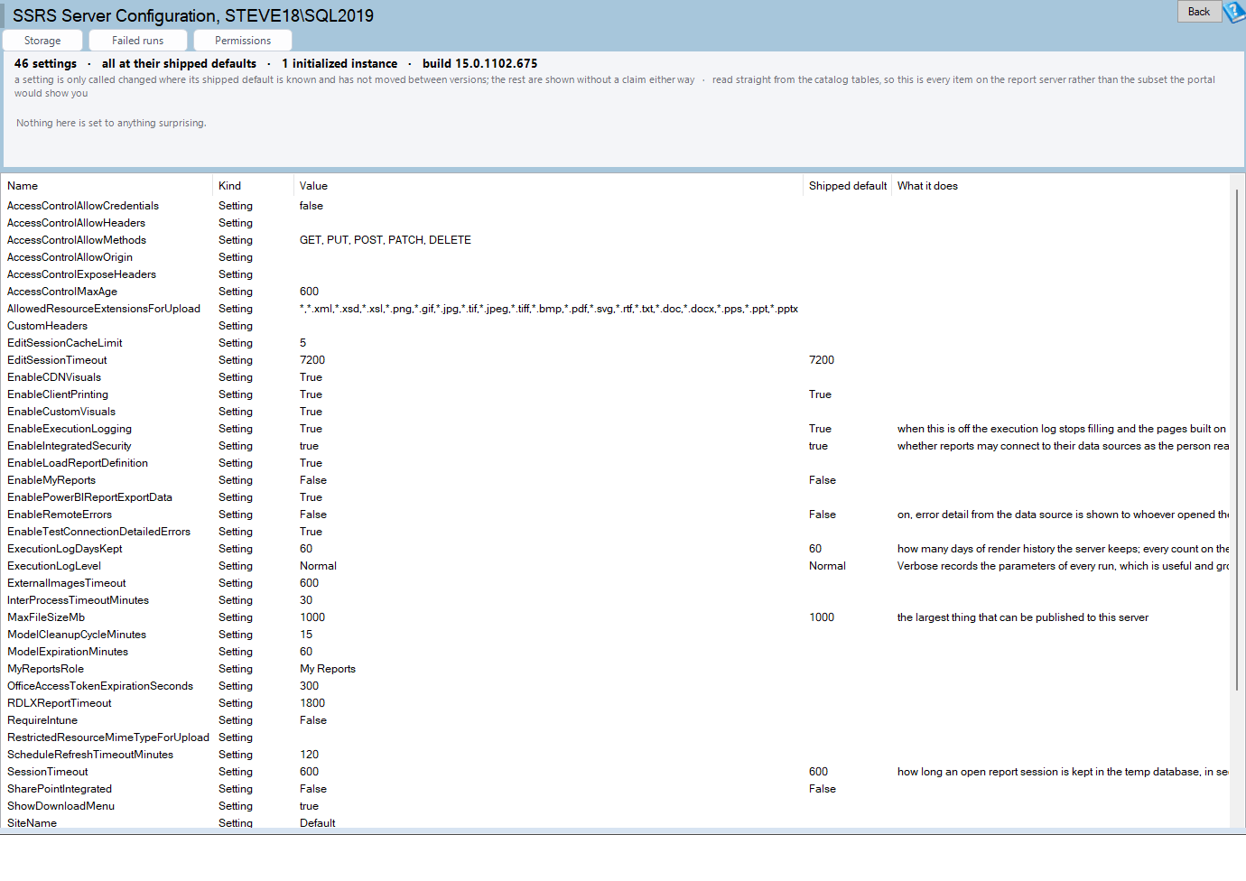 The SSRS Server Configuration report: settings worth a second look above the grid of every setting
