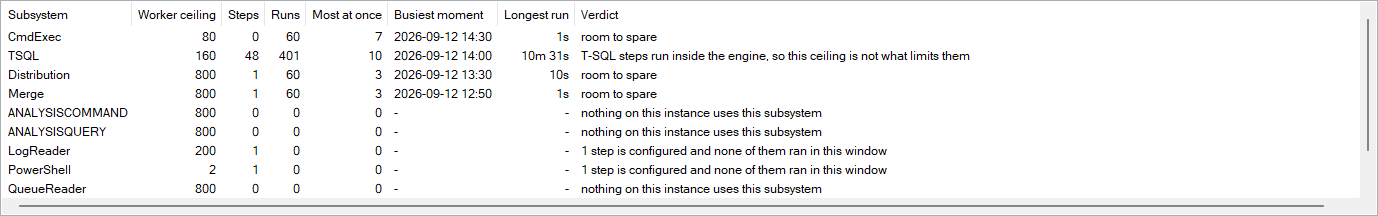 Grid listing worker ceiling, steps, runs, most at once, busiest moment, and verdict for each subsystem