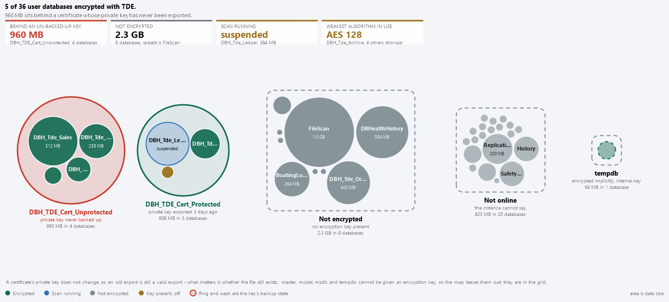 The Protection view: two certificate circles, a dashed unencrypted region, offline databases and tempdb