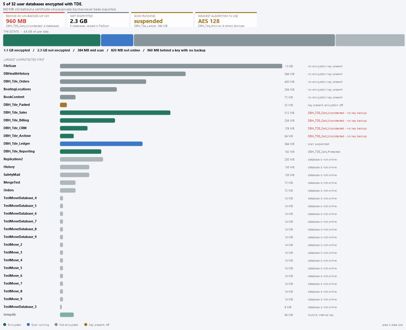 The Coverage view: the estate as one bar, then databases ranked by size