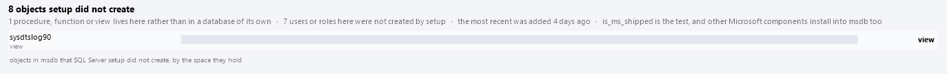 The bars: objects in msdb that setup did not create, by the space they hold