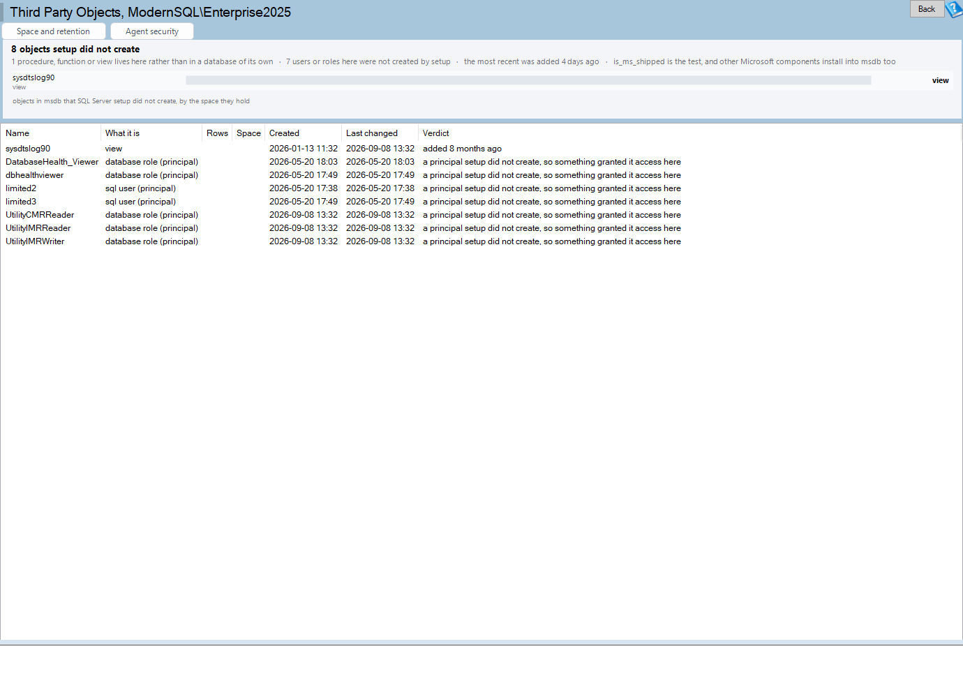 The Third Party Objects page: what is in msdb that setup did not put there