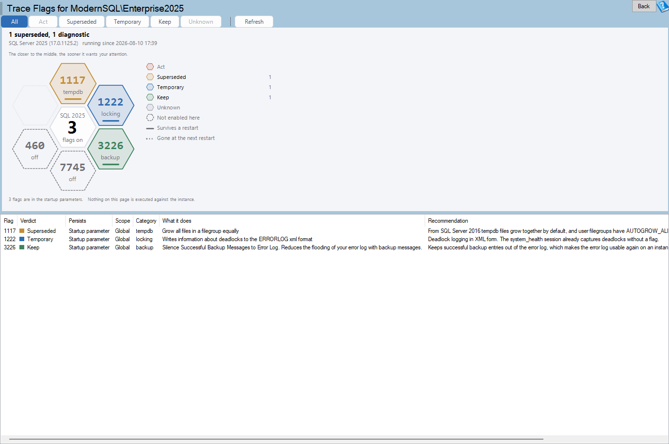 The Trace Flags report: toolbar, comb and grid