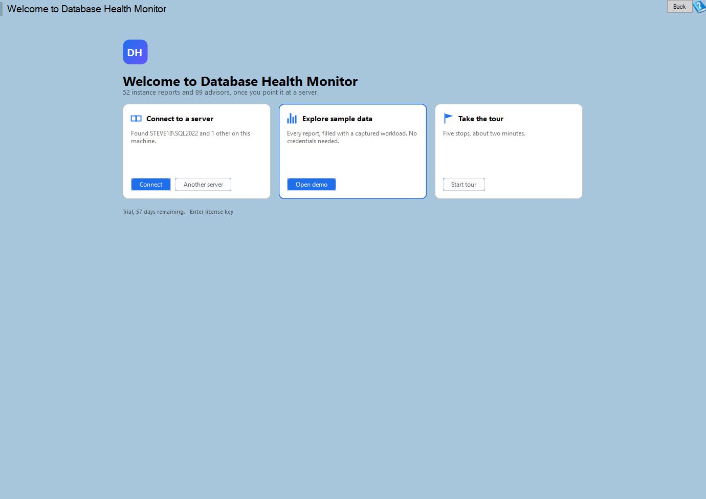 Database Health Monitor welcome page