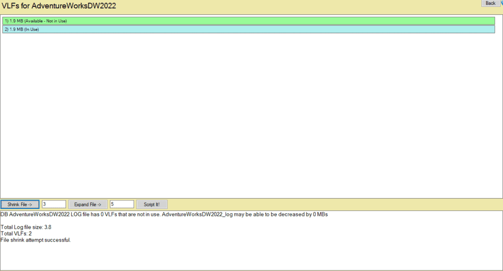 Database Health Monitor's VLF chart showing 2 virtual log files in the AdventureWorksDW2022 Log file after being shrunk.