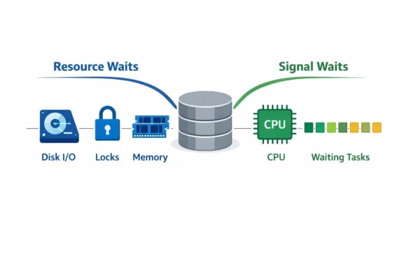 Diagram showing resource waits and signal waits pathways in SQL Server performance analysis