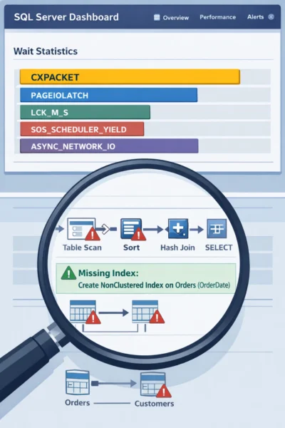 SQL Server dashboard revealing CXPACKET wait stats with underlying query optimization issues highlighted